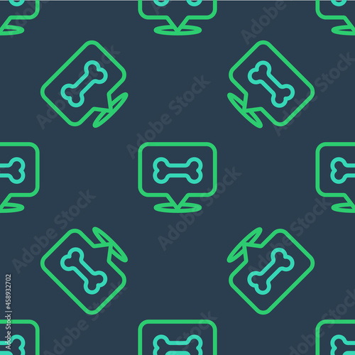 Line Dog bone icon isolated seamless pattern on blue background. Pets food symbol. Vector