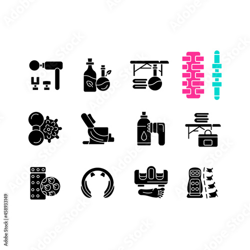 Massage tools and equipment black glyph icons set on white space. Devices for stimulating neck, shoulders and back. Massaging equipment. Silhouette symbols. Vector isolated illustration