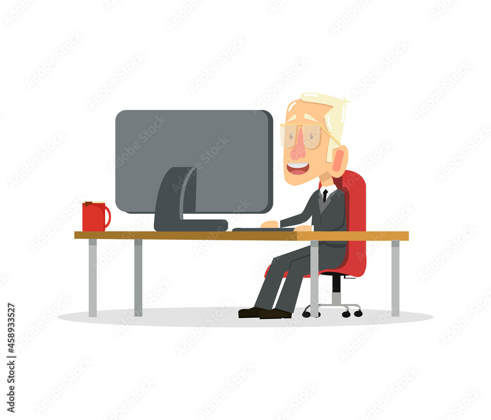 Businessman working in office behind her desk with desktop computer and coffee Businessman working in office behind her desk with desktop computer and coffee