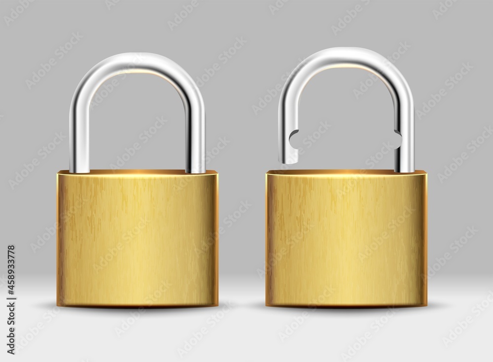 3d realistic vector set of square golden padlock open and closed. 3d realistic vector set of square golden padlock open and closed.