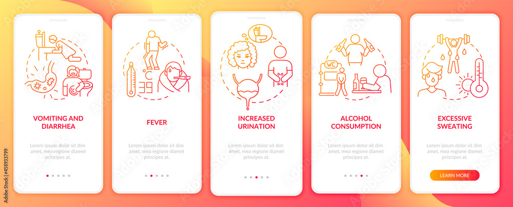 Dehydration causes red gradient onboarding mobile app page screen. Loss of water walkthrough 5 steps graphic instructions with concepts. UI, UX, GUI vector template with linear color illustrations