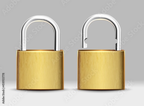 3d realistic vector set of square golden padlock open and closed. 