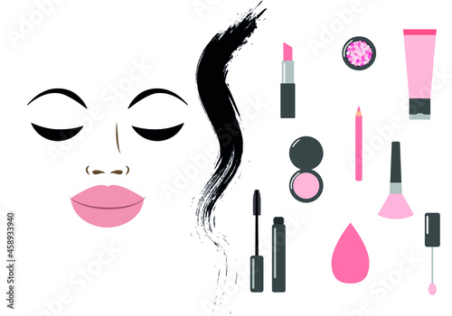vector female face with cosmetic items. flat face image with makeup items