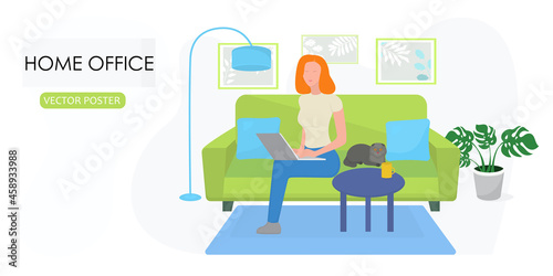 Vector poster with a girl and a laptop. Home Office. Freelance.