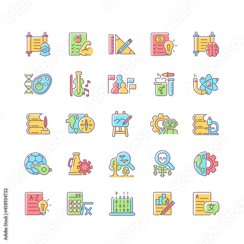 School subjects RGB color icons set. Humanities and applied sciences. Social science learning in schools. Physical education. Isolated vector illustrations. Simple filled line drawings collection
