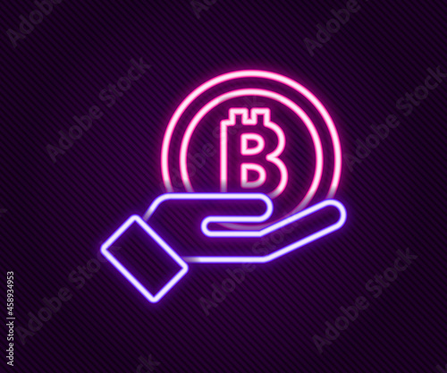 Glowing neon line Hand holding Bitcoin icon isolated on black background. Blockchain technology, digital money market, cryptocoin wallet. Colorful outline concept. Vector