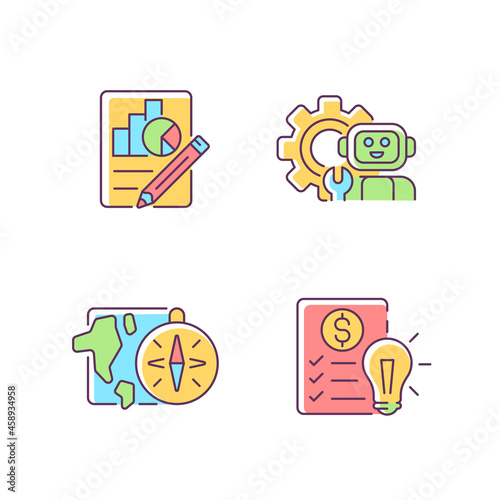 Diversity of school subjects RGB color icons set. Economics report. IT classes. Geography lessons. Financial literacy education. Isolated vector illustrations. Simple filled line drawings collection photo