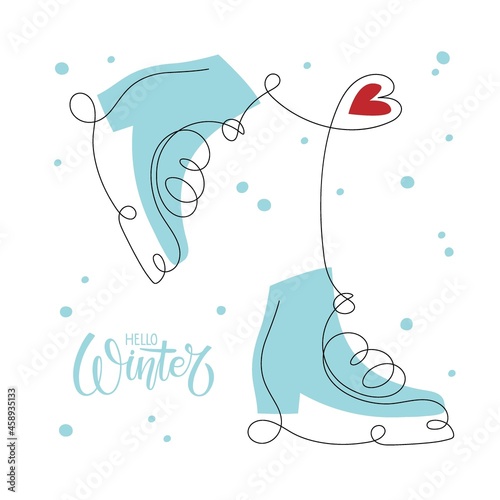 Hello Winter banner. Ice skates with heart and inscription. One continuous line drawing skates, Hand Drawn Vector sketch icon isolated on snowy background. Winter sports and active lifestyles.