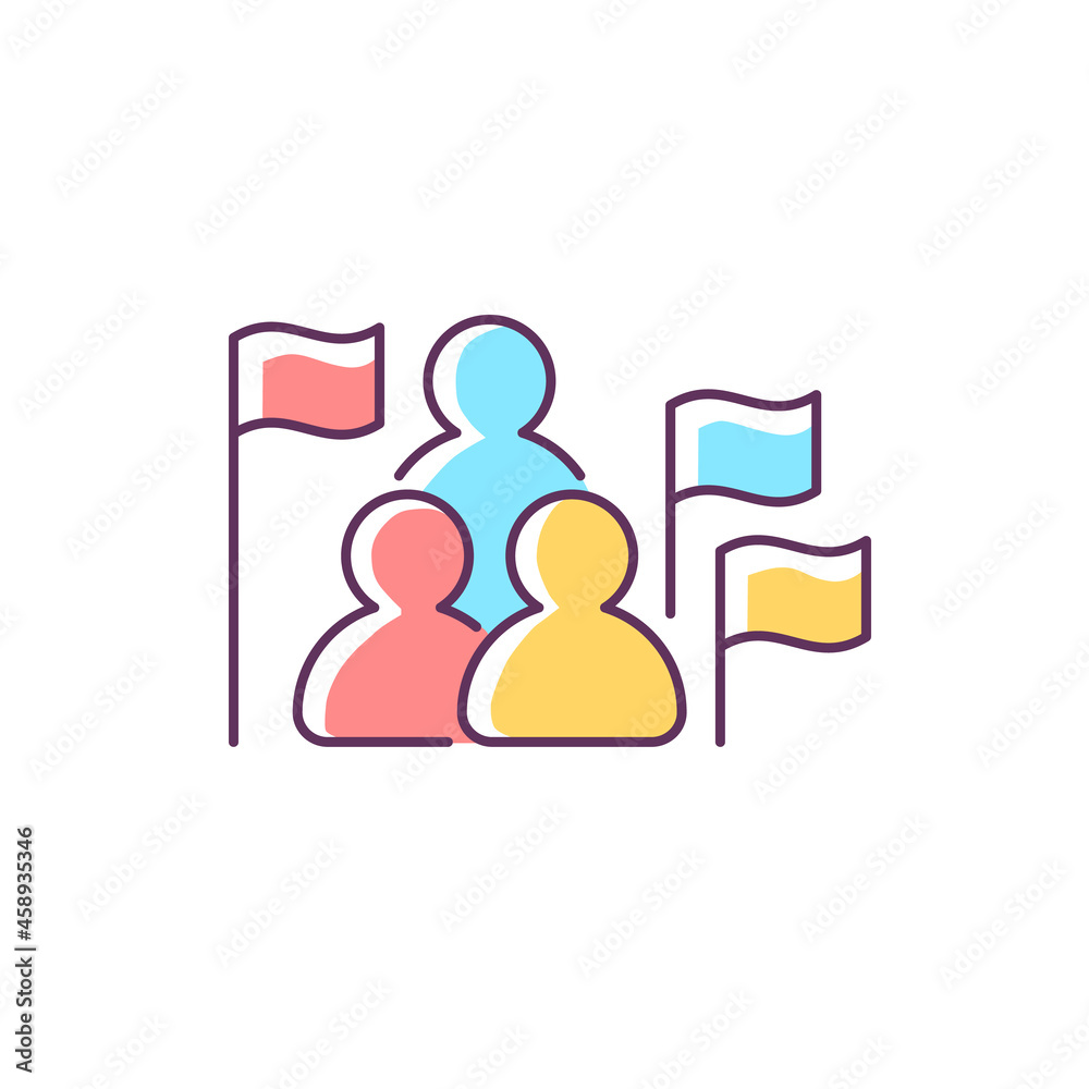 Social studies RGB color icon. Group of people, flags. Humanities science. Social science learning in schools, universities. Isolated vector illustration. Simple filled line drawing Social studies RGB color icon. Group of people, flags. Humanities science. Social science learning in schools, universities. Isolated vector illustration. Simple filled line drawing