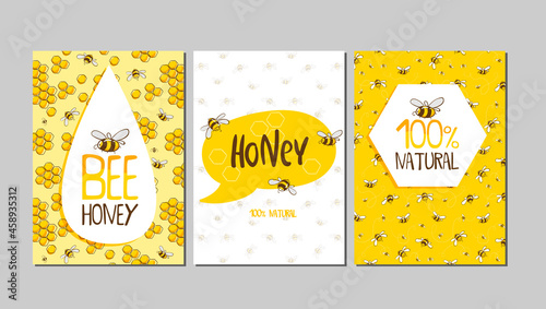 Set of stickers, banners, posters with cute bees, flowers and honey with lettering. Vector illustration EPS 10