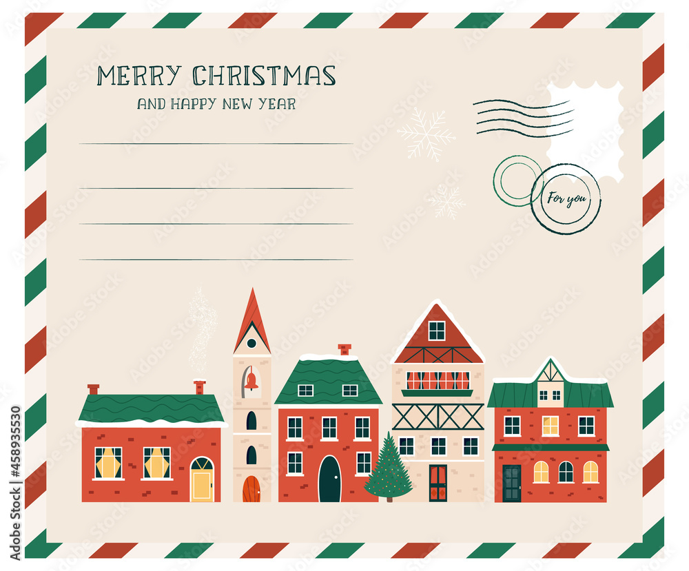 Christmas card with cute buildings and holiday tree. Vector illustration in a modern flat style