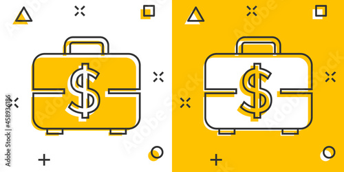 Money briefcase icon in comic style. Cash box cartoon vector illustration on white isolated background. Finance splash effect business concept.