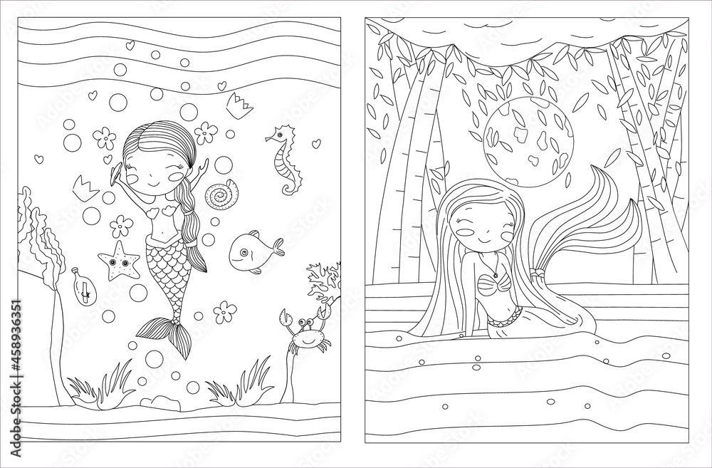 Cartoon mermaid. underwater world. ocean inhabitants. Black and white vector illustration for coloring book 