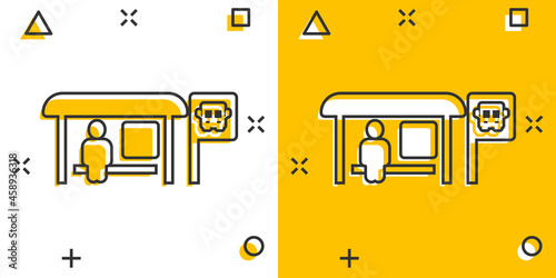 Bus station icon in comic style. Auto stop cartoon vector illustration on white isolated background. Autobus vehicle splash effect business concept.