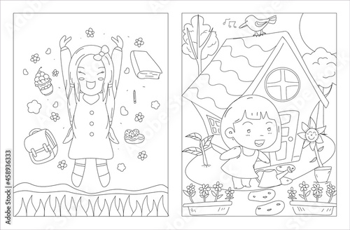 Cartoon little girl. children's world. playground. Black and white vector illustration for coloring book 