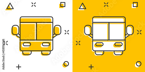 Bus icon in comic style. Coach cartoon vector illustration on white isolated background. Autobus vehicle splash effect business concept.