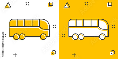 Bus icon in comic style. Coach cartoon vector illustration on white isolated background. Autobus vehicle splash effect business concept.