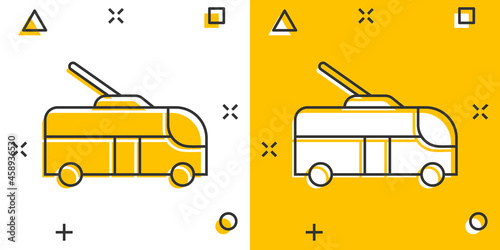 Trolleybus icon in comic style. Trolley bus cartoon vector illustration on white isolated background. Autobus vehicle splash effect business concept.