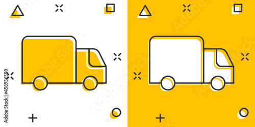 Delivery truck icon in comic style. Van cartoon vector illustration on white isolated background. Cargo car splash effect business concept.