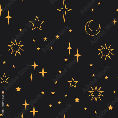 Sky seamless pattern with Mystical and Astrology elements, Space objects, planet, constellation, moon, stars, sun. Astronomy themed background texture. Starry motive.