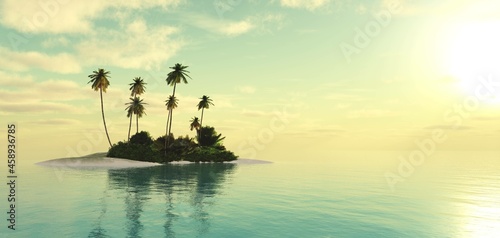 Beautiful tropical island with palm trees in the rays of the setting sun, ocean landscape with a tropical island with palm trees, palm trees on an island in the sea, 3D rendering