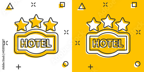 Hotel 3 stars sign icon in comic style. Inn cartoon vector illustration on white isolated background. Hostel room information splash effect business concept.