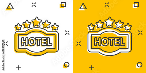Hotel 5 stars sign icon in comic style. Inn cartoon vector illustration on white isolated background. Hostel room information splash effect business concept.