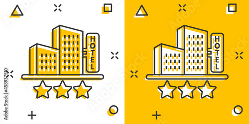 Hotel 3 stars sign icon in comic style. Inn building cartoon vector illustration on white isolated background. Hostel room splash effect business concept.