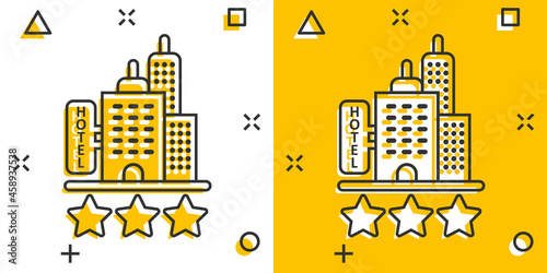 Hotel 3 stars sign icon in comic style. Inn building cartoon vector illustration on white isolated background. Hostel room splash effect business concept.