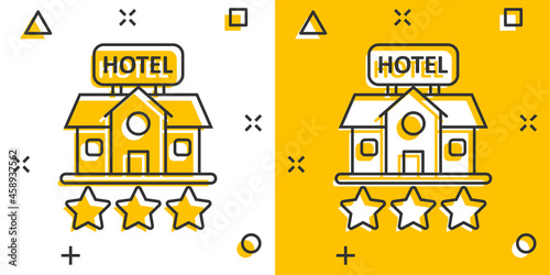 Hotel 3 stars sign icon in comic style. Inn building cartoon vector illustration on white isolated background. Hostel room splash effect business concept.