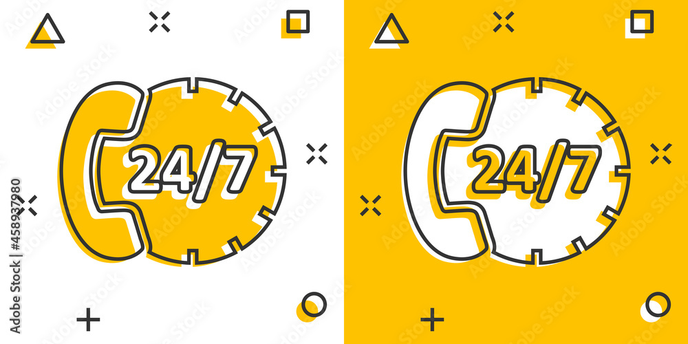 Phone service 24/7 icon in comic style. Telephone talk cartoon vector illustration on white isolated background. Hotline contact splash effect business concept.