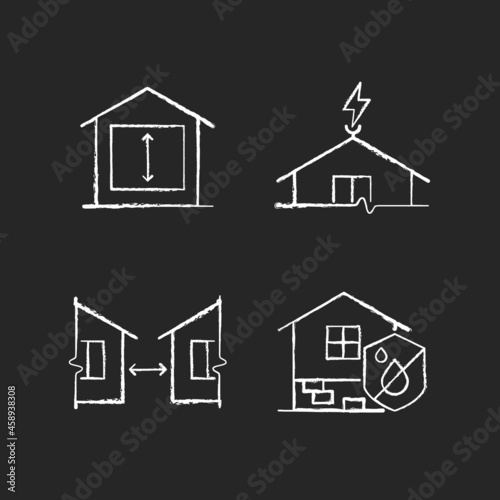 Building safe house chalk white icons set on dark background. Minimum ceiling heights. Lightning rod. Distance between buildings. Damp proofing. Isolated vector chalkboard illustrations on black