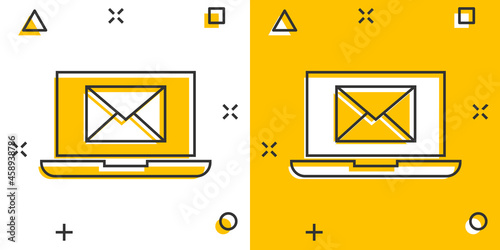 Laptop with email icon in comic style. Mail notification cartoon vector illustration on white isolated background. Envelope with message splash effect business concept.