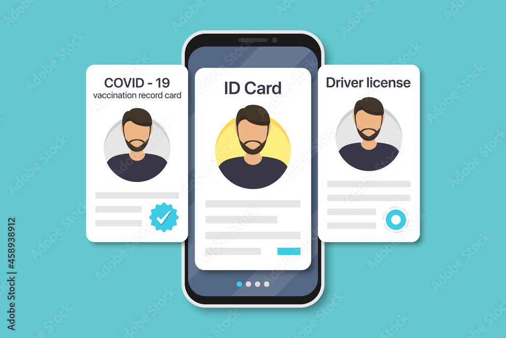 Man digital documents in smartphone. COVID-19 vaccination record card, ID card, driver license in a flat design. Vector illustration Man digital documents in smartphone. COVID-19 vaccination record card, ID card, driver license in a flat design. Vector illustration