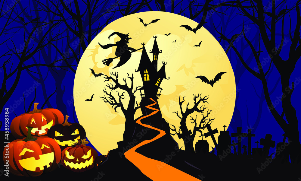 Halloween night background, pumpkins, bat, tree, moon and dark castle. Happy Halloween banner or party invitation background vector illustration.