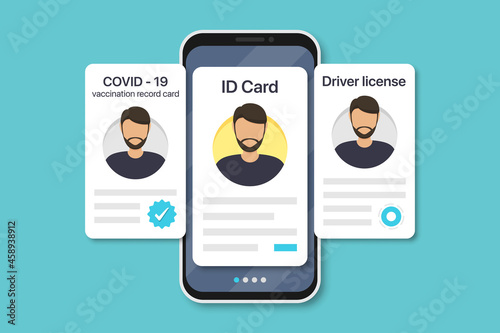 Man digital documents in smartphone. COVID-19 vaccination record card, ID card, driver license in a flat design. Vector illustration