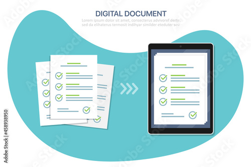 Digital checklist document in tablet and paper in a flat design. Vector illustration