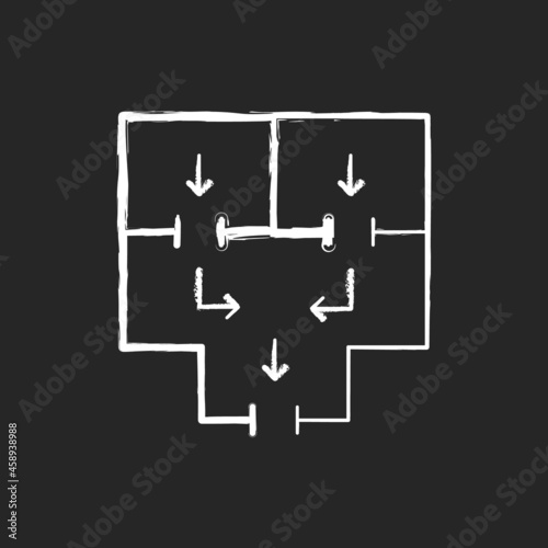 Means to vacate building chalk white icon on dark background. Planning apartment building escape. Emergency situation. Leave home safely. Isolated vector chalkboard illustration on black