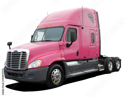 American modern tractor with a pink cab and a gray plastic bumper. Isolated on a white background.