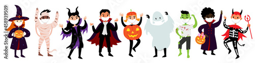 Halloween set of kids in costumes and medical protective masks from COVID-19. Vector diverse cute and funny characters dressed up in halloween clothes - mummy, zombie, witch, ghost, maleficent.