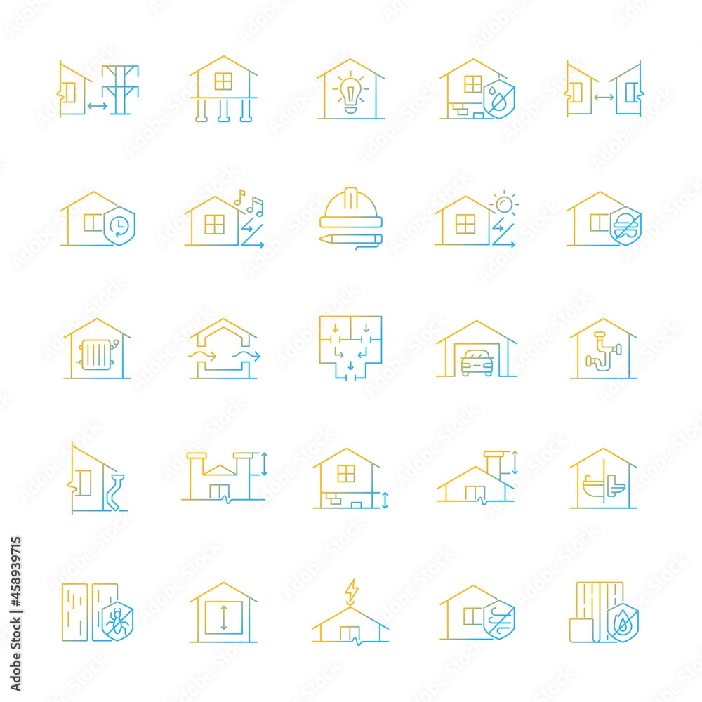 Building safety requirements gradient linear vector icons set. Remodeling house. Standards for buildings design. Thin line contour symbols bundle. Isolated outline illustrations collection Building safety requirements gradient linear vector icons set. Remodeling house. Standards for buildings design. Thin line contour symbols bundle. Isolated outline illustrations collection