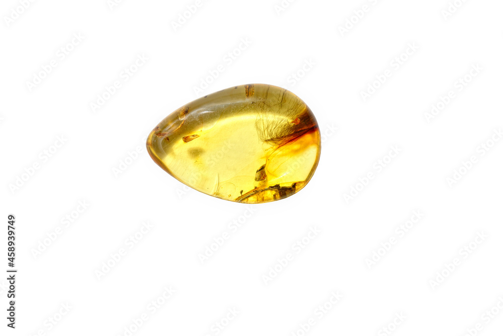 A rare piece of transparent yellow amber with animal hair inside on a white background. Amber texture with inclusions, hair and air bubbles inside. Sun stone. Mineral for scientific research