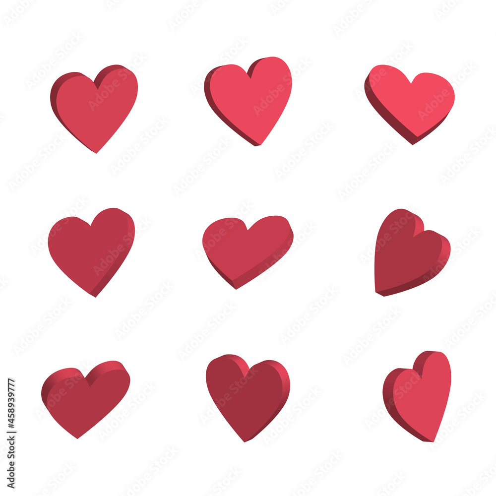 Red hearts icon set, love symbol vector illustration