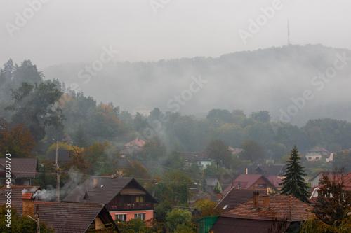 a village on a foggy day