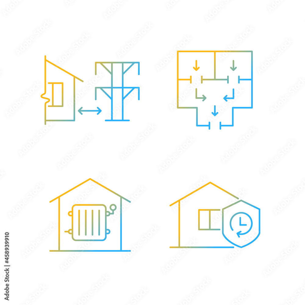 Home building regulation gradient linear vector icons set. Distance from electric lines. Fire escape route. Durability. Thin line contour symbols bundle. Isolated outline illustrations collection