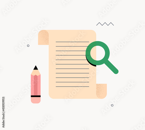 Document management concept. Sheet of paper, pencil and magnifying glass. Signing and checking contract, agreement. Paperwork, business report. Isolated flat vector illustration