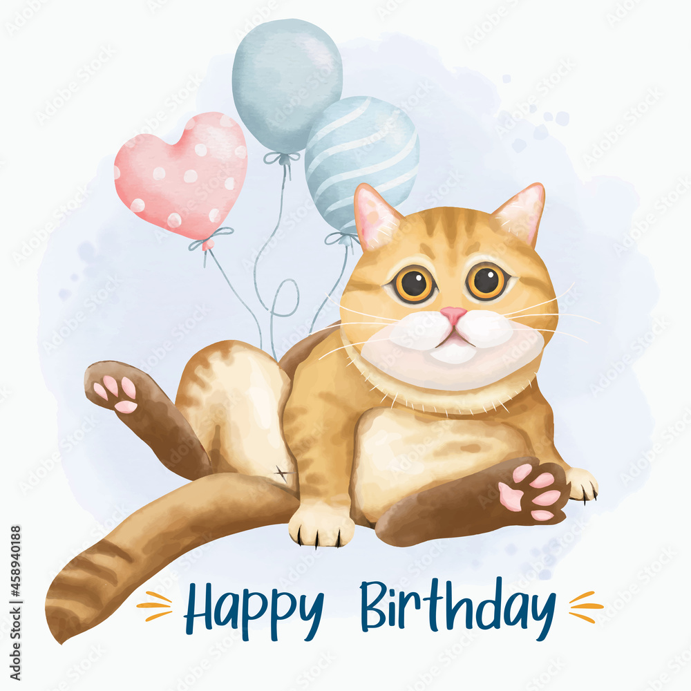 Birthday card with cat in watercolor style