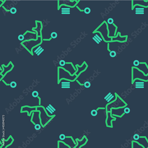 Line Prosthesis hand icon isolated seamless pattern on blue background. Futuristic concept of bionic arm, robotic mechanical hand. Vector