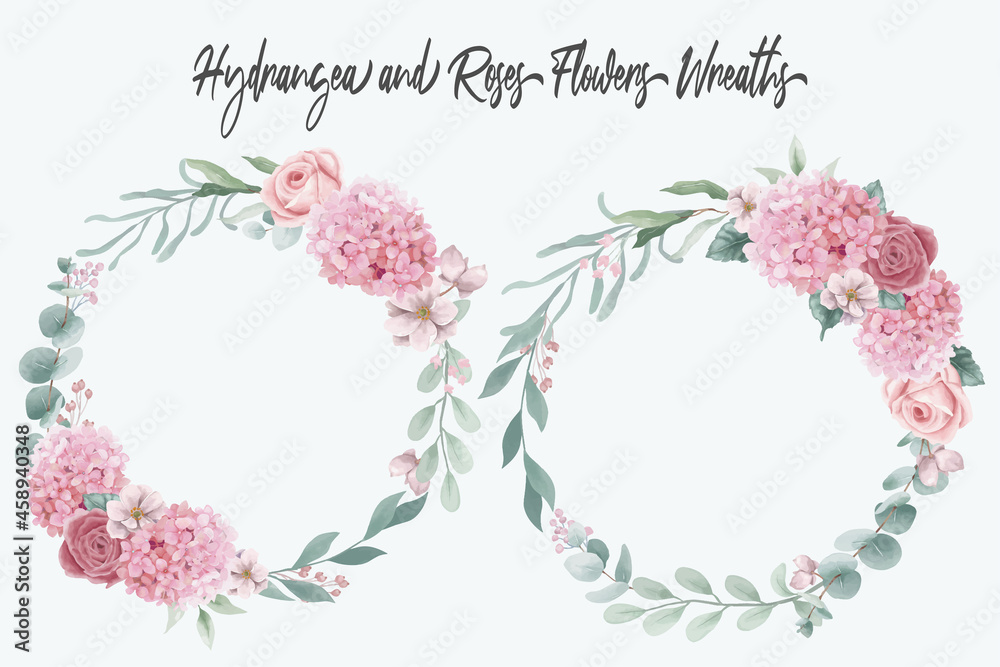 Watercolor hydrangea and roses flowers wreaths collection