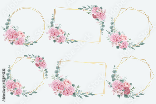 Watercolor hydrangea and roses flowers frames collection